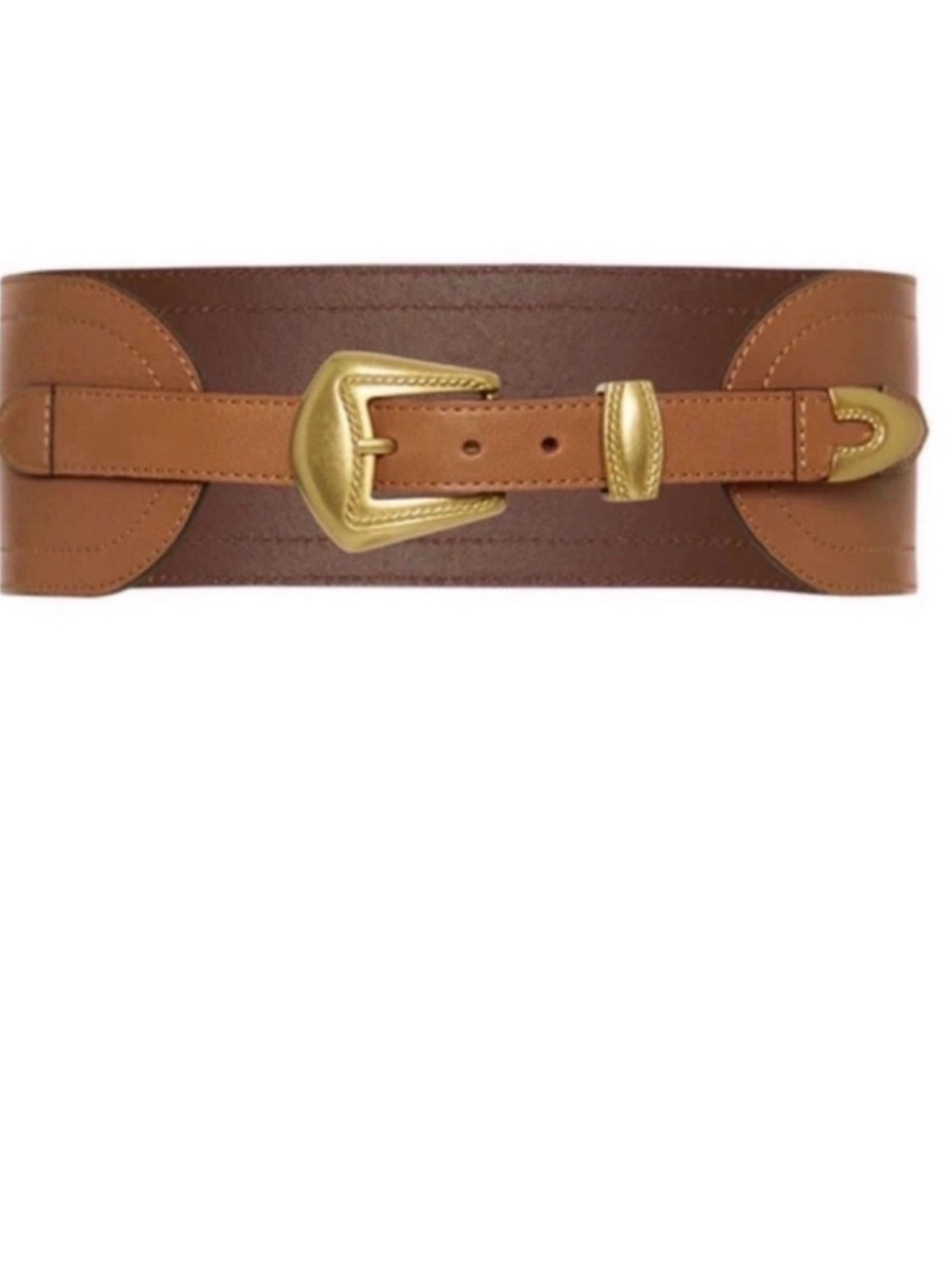 NWT Spell Vista Belt Wide Brown and Tan Leather Belt with Gold Buckle Size Large